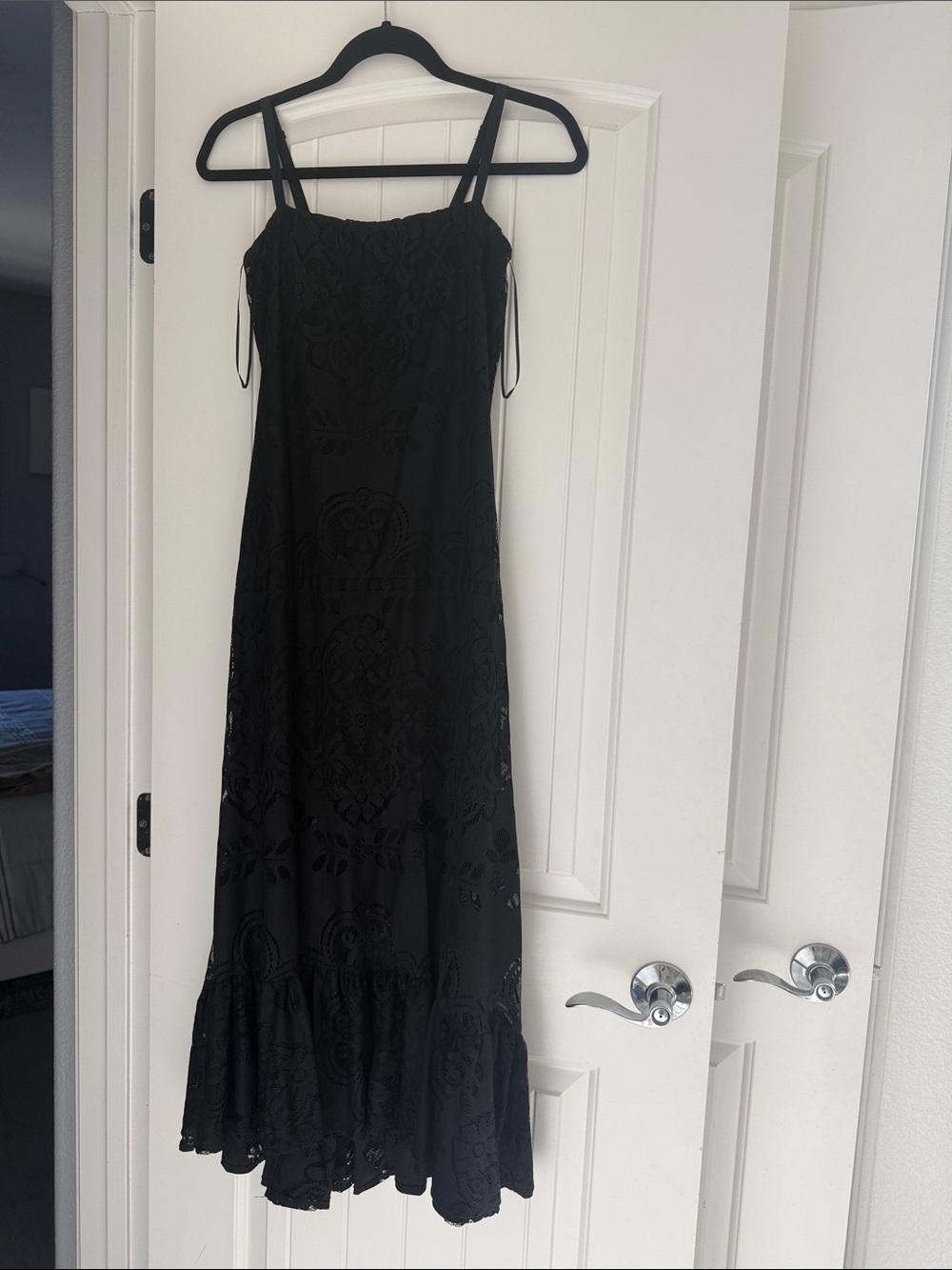 Bar III Black Lace Maxi Dress with Spaghetti Straps and Scalloped Hem
